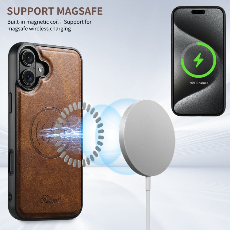 For iPhone 16 Plus Suteni H17 Oil Eax Leather MagSafe Detachable Wallet Phone Case(Brown)
