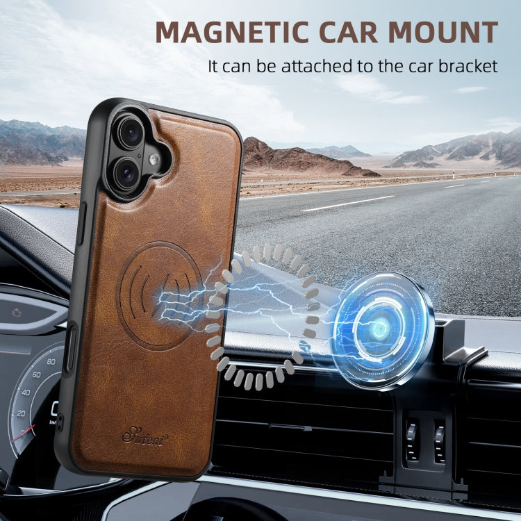 For iPhone 16 Plus Suteni H17 Oil Eax Leather MagSafe Detachable Wallet Phone Case(Brown)