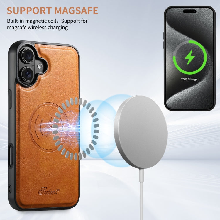 For iPhone 16 Plus Suteni H17 Oil Eax Leather MagSafe Detachable Wallet Phone Case(Khaki)