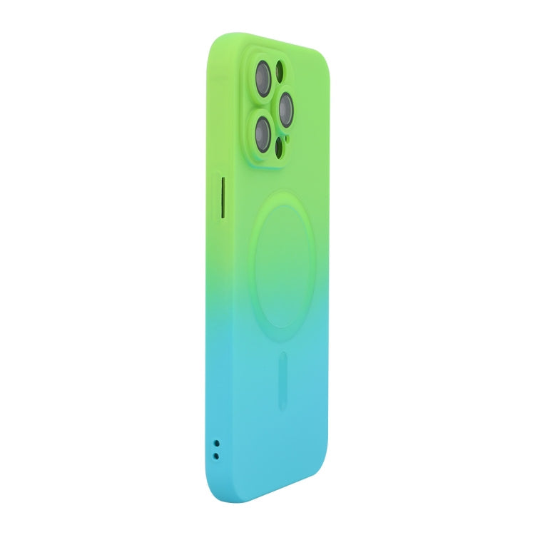 For iPhone 15 Pro Max ENKAY Hat-Prince MagSafe Rainbow Gradient Silicone Phone Case with Lens Film(Green Blue)