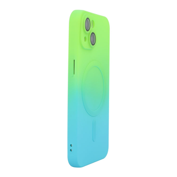 For iPhone 15 ENKAY Hat-Prince MagSafe Rainbow Gradient Silicone Phone Case with Lens Film(Green Blue)