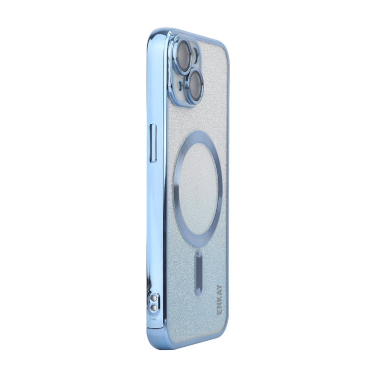 For iPhone 15 ENKAY Hat-Prince Magnetic Glitter Plated Shockproof Phone Case with Lens Film(Blue)