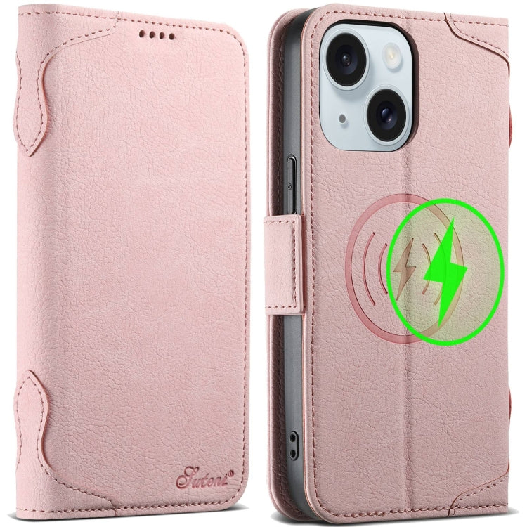 For iPhone 15 Plus SUTENI J07 Multifunctional Horizontal Flip Magsafe Leather Phone Case(Pink)
