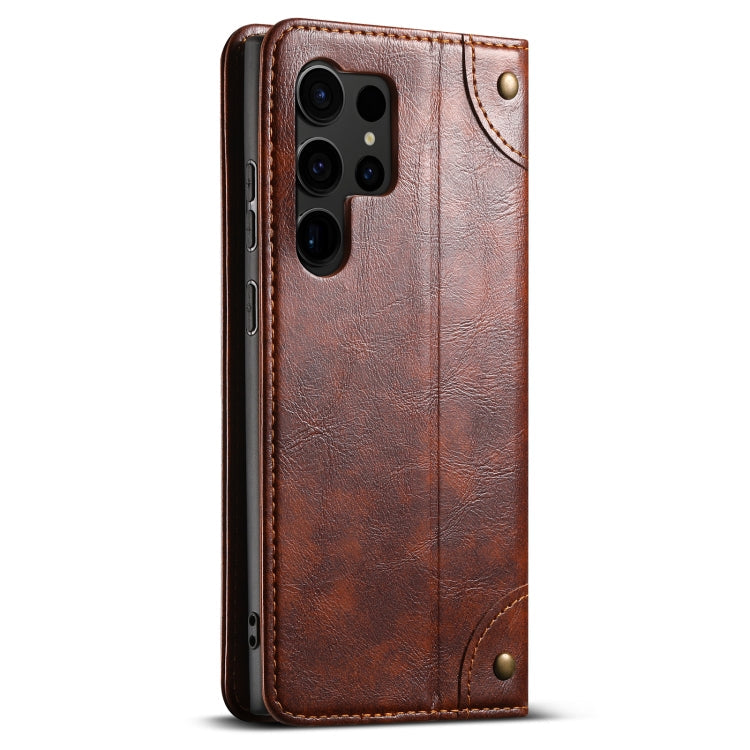 For Samsung Galaxy S22 Ultra 5G Suteni Baroque Calf Texture Buckle Wallet Leather Phone Case(Khaki)