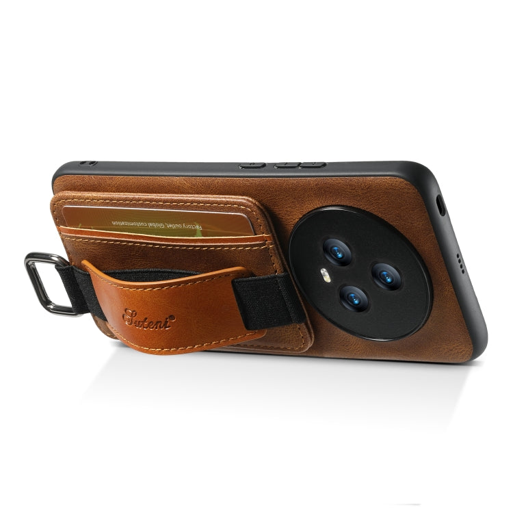 For Honor Magic6 Pro Suteni H13 Card Wallet Wrist Strap Holder PU Phone Case(Brown)