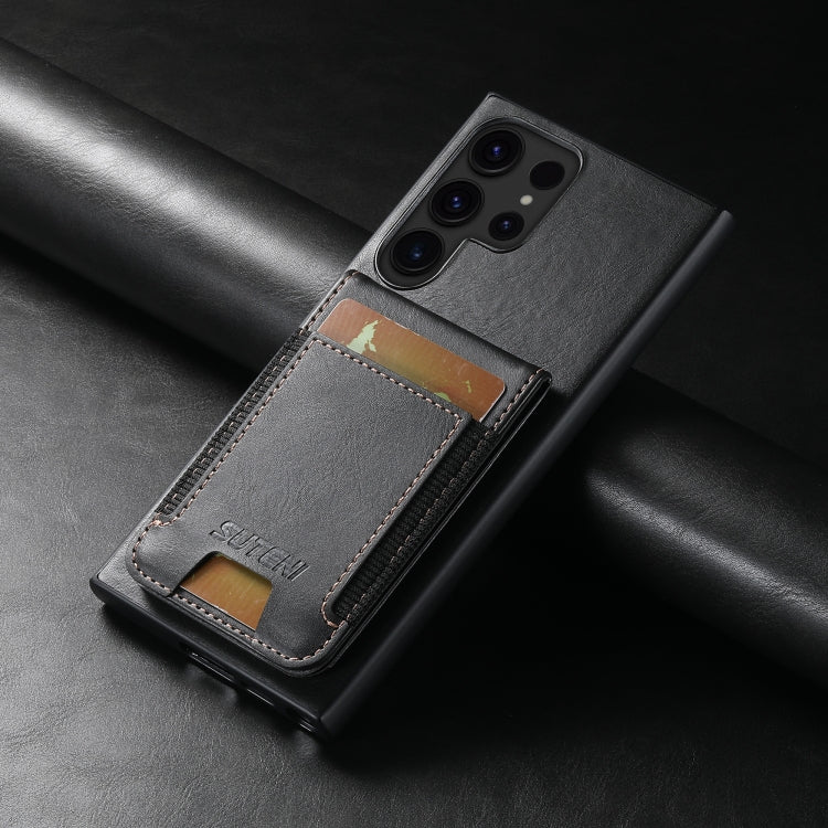 For Samsung Galaxy S22 Ultra 5G Suteni H03 Oil Wax Leather Wallet Stand Back Phone Case(Black)