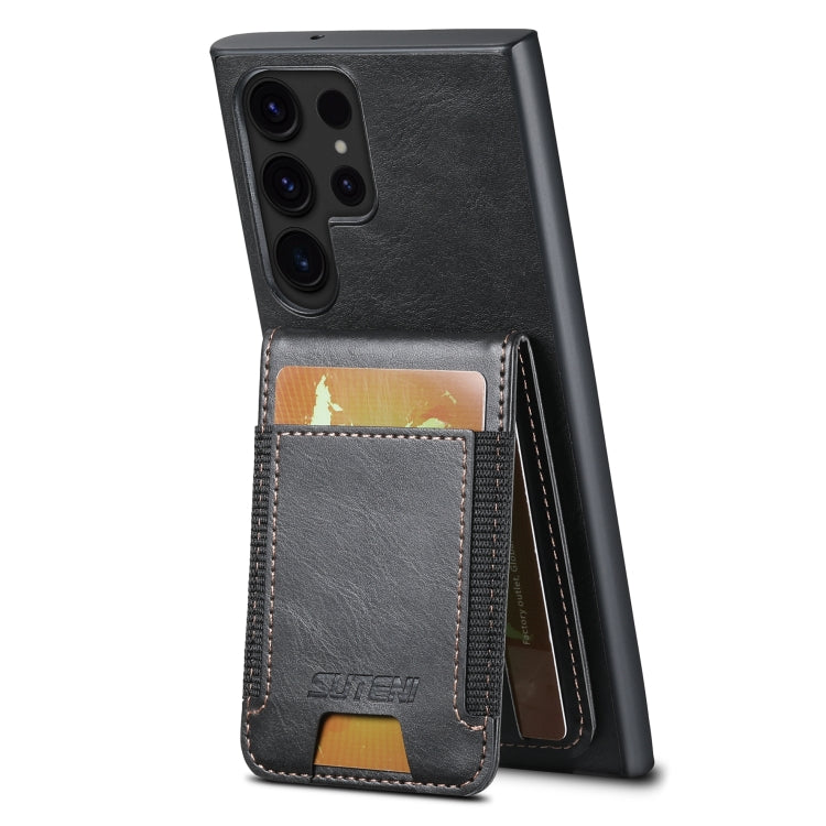 For Samsung Galaxy S22 Ultra 5G Suteni H03 Oil Wax Leather Wallet Stand Back Phone Case(Black)
