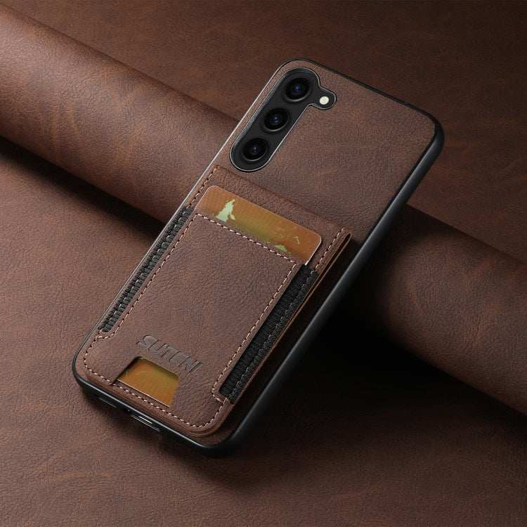 For Samsuny Galaxy S23+ 5G Suteni H03 Litchi Leather Card Bag Stand Back Phone Case(Brown)