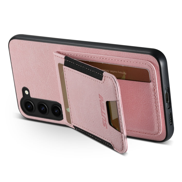 For Samsuny Galaxy S23+ 5G Suteni H03 Litchi Leather Card Bag Stand Back Phone Case(Pink)