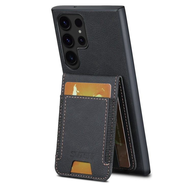 For Samsuny Galaxy S22 Ultra 5G Suteni H03 Litchi Leather Card Bag Stand Back Phone Case(Black)