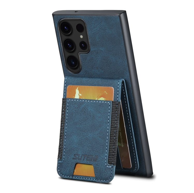 For Samsuny Galaxy S22 Ultra 5G Suteni H03 Litchi Leather Card Bag Stand Back Phone Case(Blue)