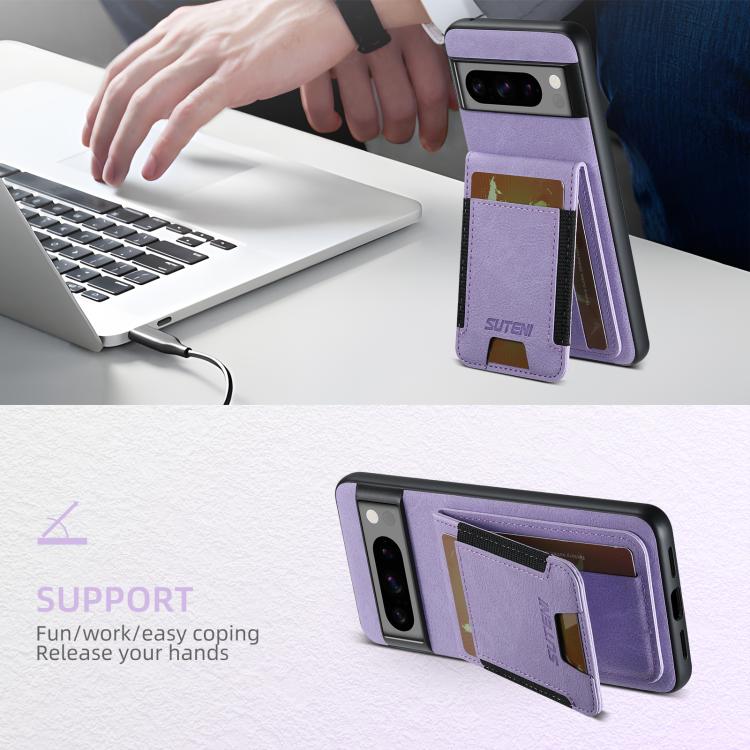 For Google Pixel 9 Pro Suteni H03 Litchi Leather Card Bag Stand Back Phone Case(Purple)
