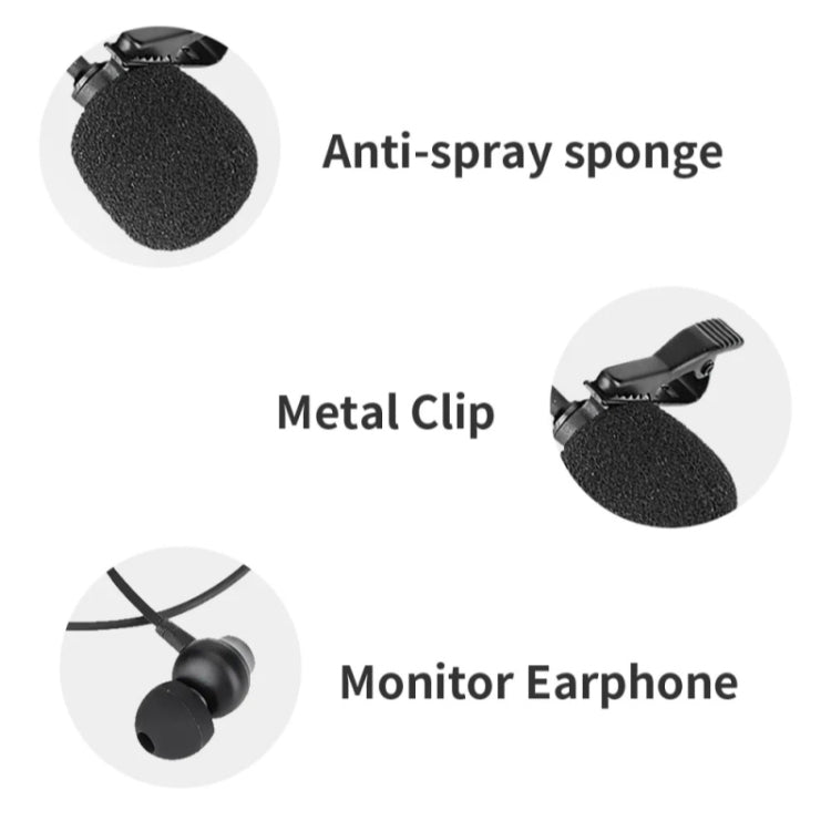 JMARY MC-R5 Lavalier 3.5mm Port Wired Microphone With Sound Monitoring Earphone, Length: 3m
