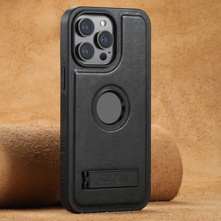 For iPhone 15 Pro Max Suteni G2 Magsafe Oil Wax Leather Back Phone Case with Holder(Black)
