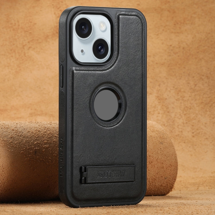 For iPhone 15 Suteni G2 Magsafe Oil Wax Leather Back Phone Case with Holder(Black)