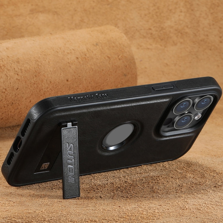 For iPhone 14 Plus Suteni G2 Magsafe Oil Wax Leather Back Phone Case with Holder(Black)