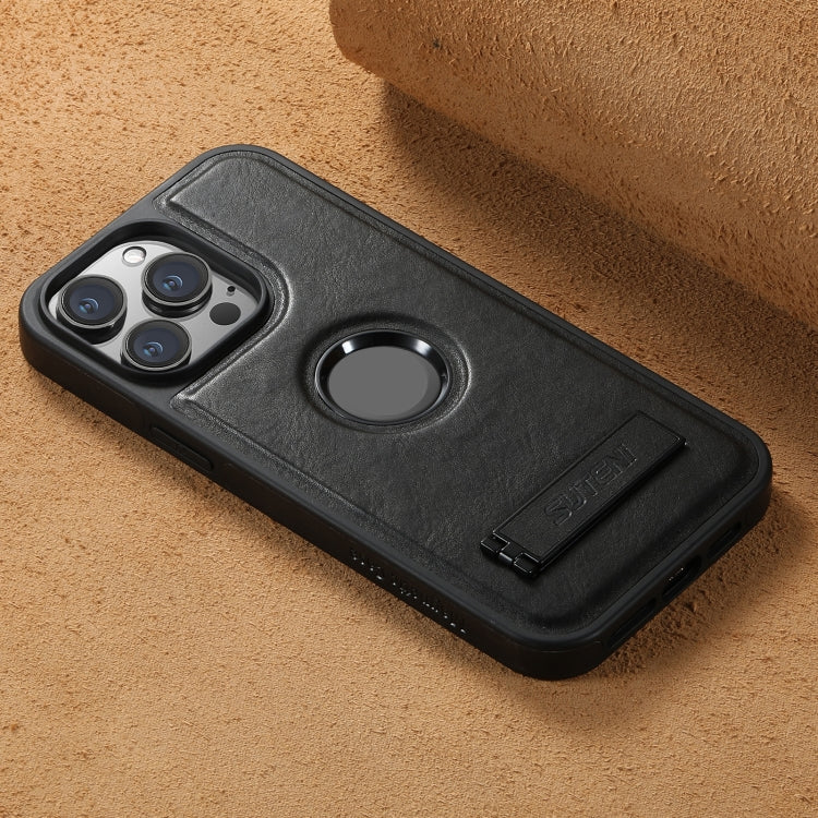 For iPhone 14 Suteni G2 Magsafe Oil Wax Leather Back Phone Case with Holder(Black)