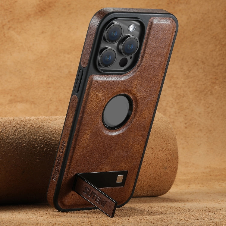 For iPhone 14 Suteni G2 Magsafe Oil Wax Leather Back Phone Case with Holder(Brown)
