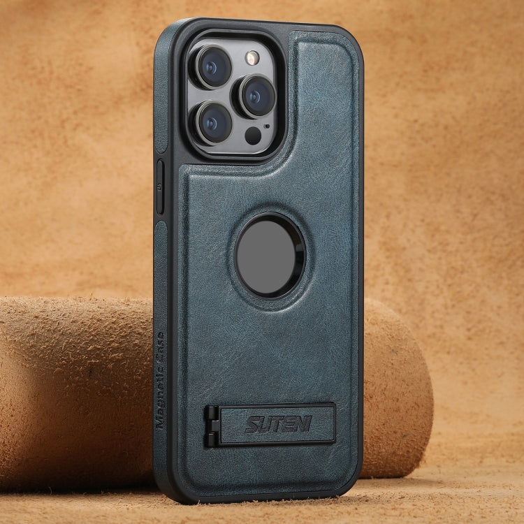 For iPhone 13 Pro Max Suteni G2 Magsafe Oil Wax Leather Back Phone Case with Holder(Blue)