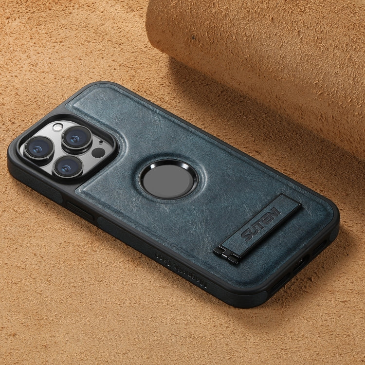 For iPhone 13 Suteni G2 Magsafe Oil Wax Leather Back Phone Case with Holder(Blue)