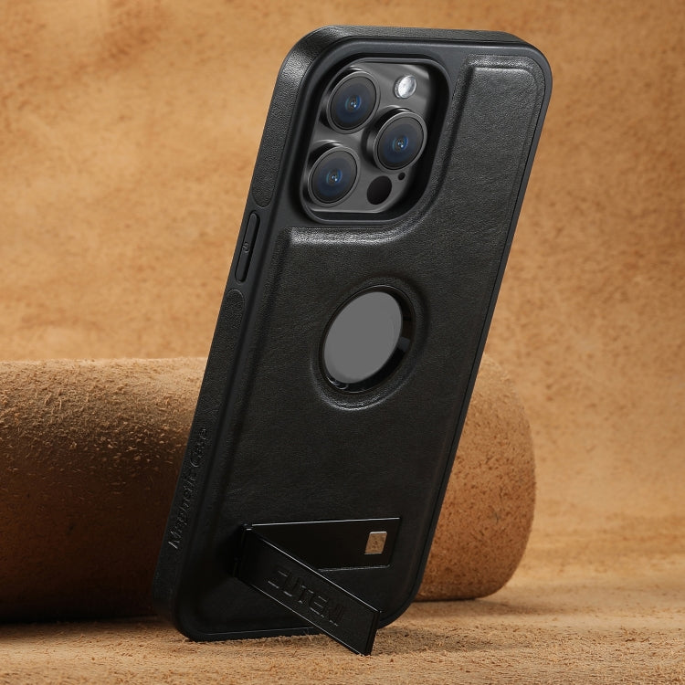 For iPhone 12 Pro Max Suteni G2 Magsafe Oil Wax Leather Back Phone Case with Holder(Black)