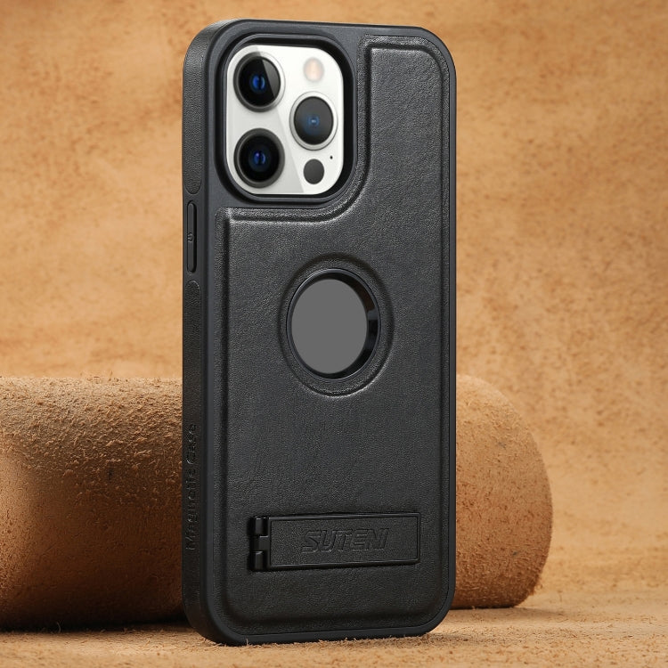 For iPhone 12 Pro Suteni G2 Magsafe Oil Wax Leather Back Phone Case with Holder(Black)
