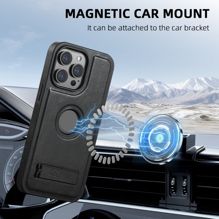 For iPhone 16 Suteni G2 Magsafe Oil Wax Leather Back Phone Case with Holder(Black)