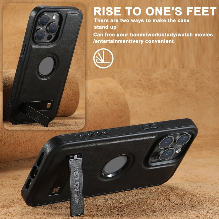 For iPhone 16 Suteni G2 Magsafe Oil Wax Leather Back Phone Case with Holder(Black)