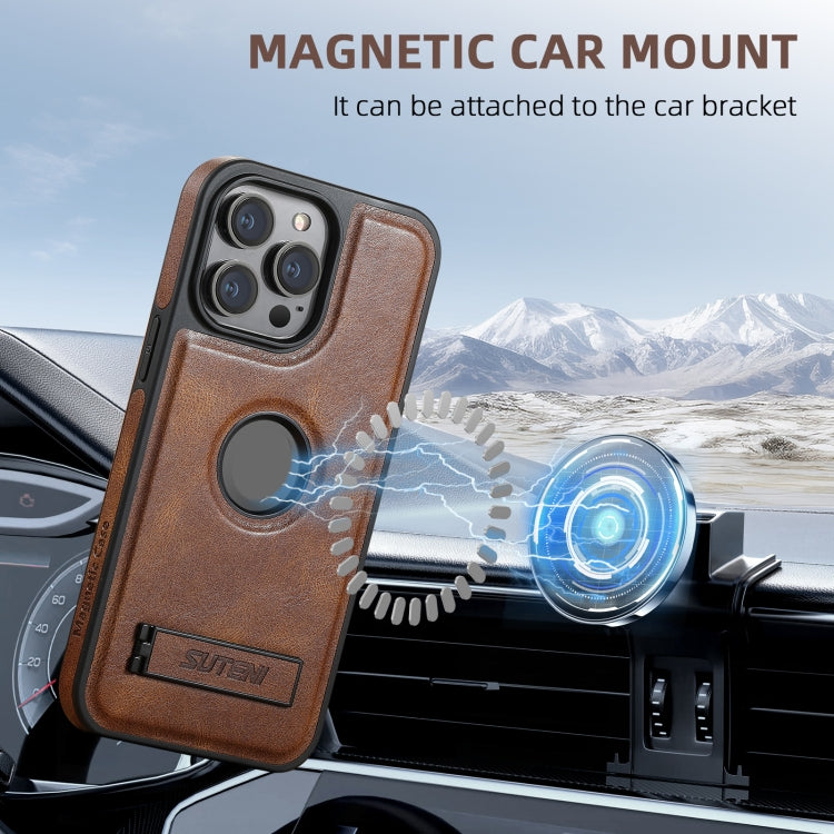 For iPhone 16 Pro Suteni G2 Magsafe Oil Wax Leather Back Phone Case with Holder(Brown)