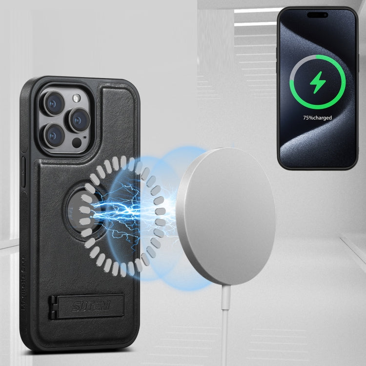 For iPhone 16 Plus Suteni G2 Magsafe Oil Wax Leather Back Phone Case with Holder(Black)