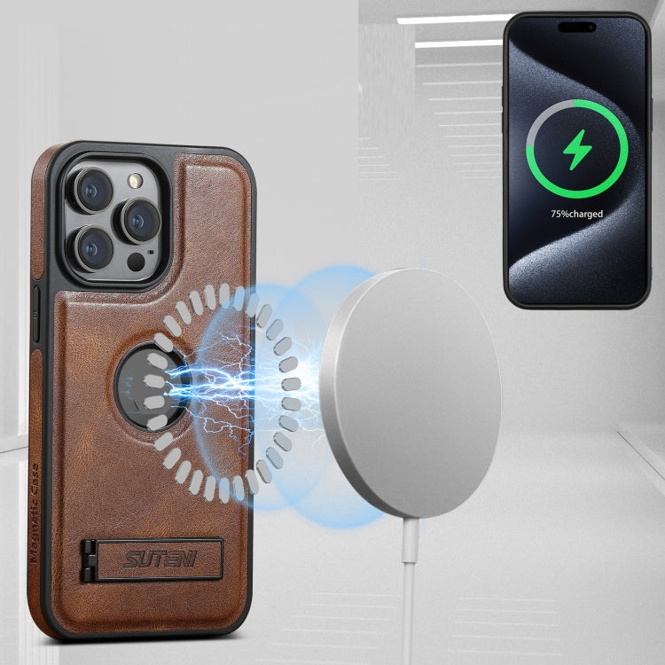 For iPhone 16 Plus Suteni G2 Magsafe Oil Wax Leather Back Phone Case with Holder(Brown)