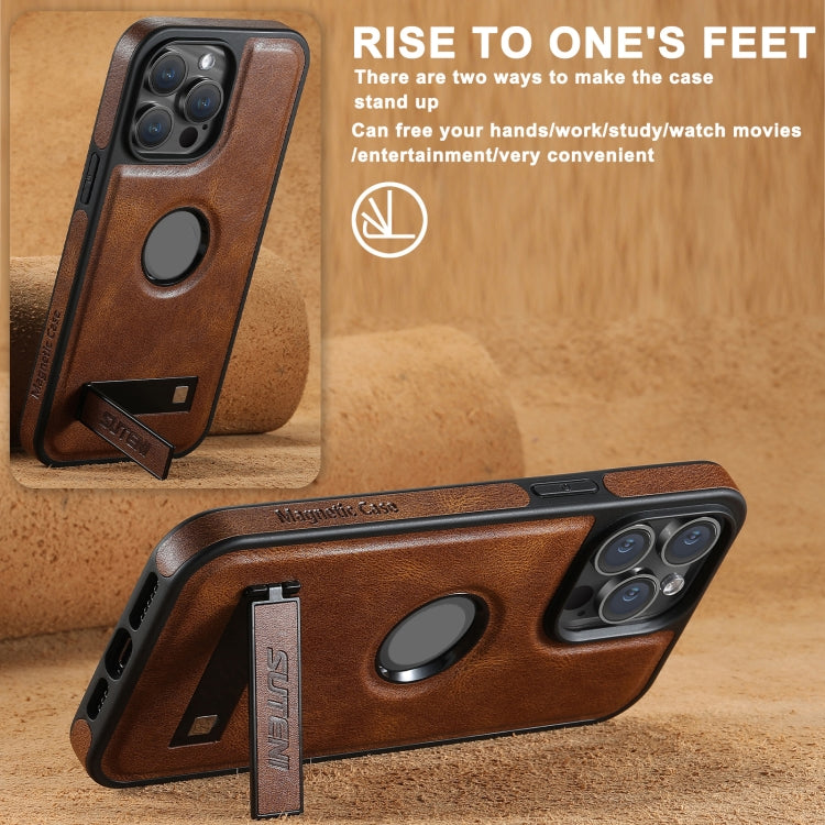 For iPhone 16 Plus Suteni G2 Magsafe Oil Wax Leather Back Phone Case with Holder(Brown)