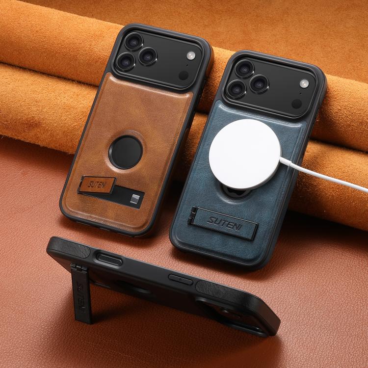 For iPhone 16 Pro Suteni G2 Magsafe Oil Wax Leather Back Phone Case with Holder(Brown)