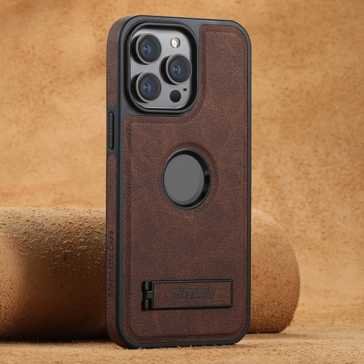 For iPhone 15 Pro Max Suteni G2 Magsafe Litchi Texture Leather Back Phone Case with Holder(Brown)