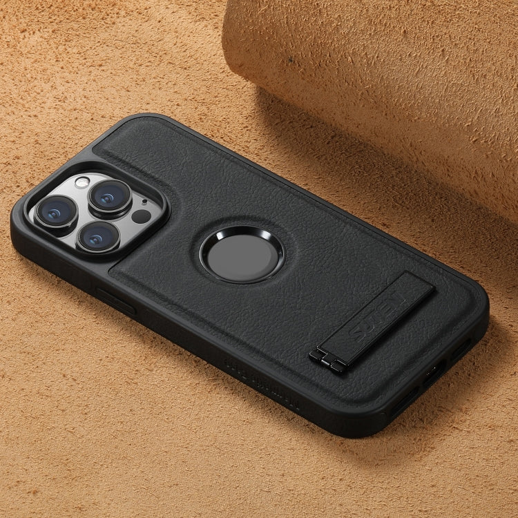 For iPhone 15 Plus Suteni G2 Magsafe Litchi Texture Leather Back Phone Case with Holder(Black)