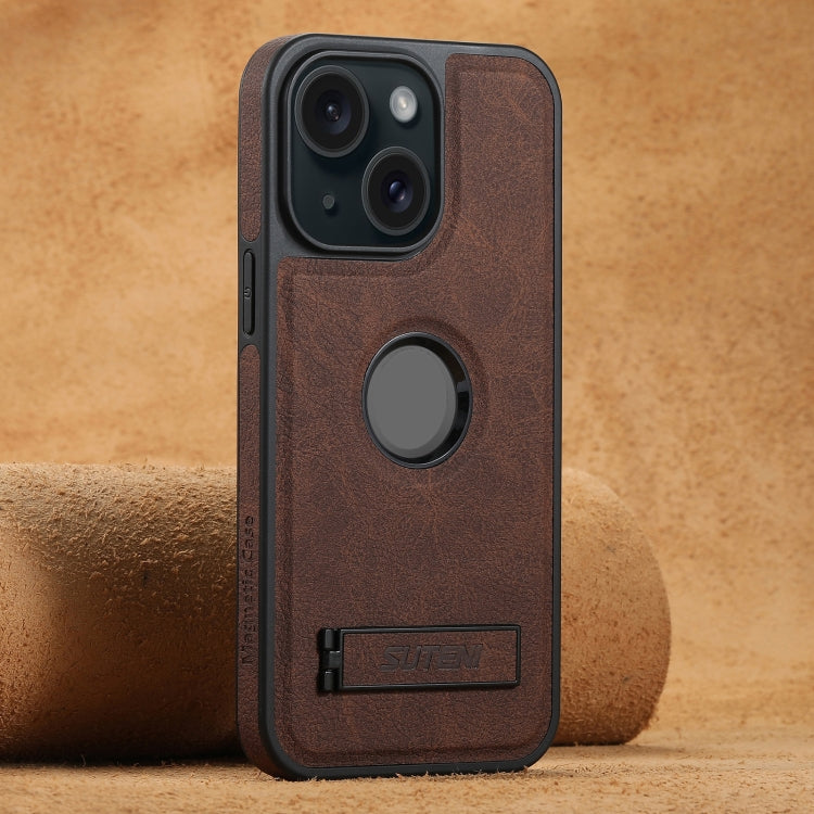 For iPhone 15 Plus Suteni G2 Magsafe Litchi Texture Leather Back Phone Case with Holder(Brown)