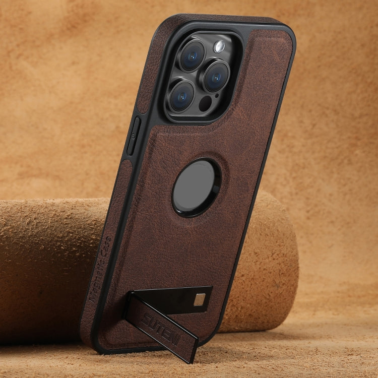 For iPhone 15 Plus Suteni G2 Magsafe Litchi Texture Leather Back Phone Case with Holder(Brown)