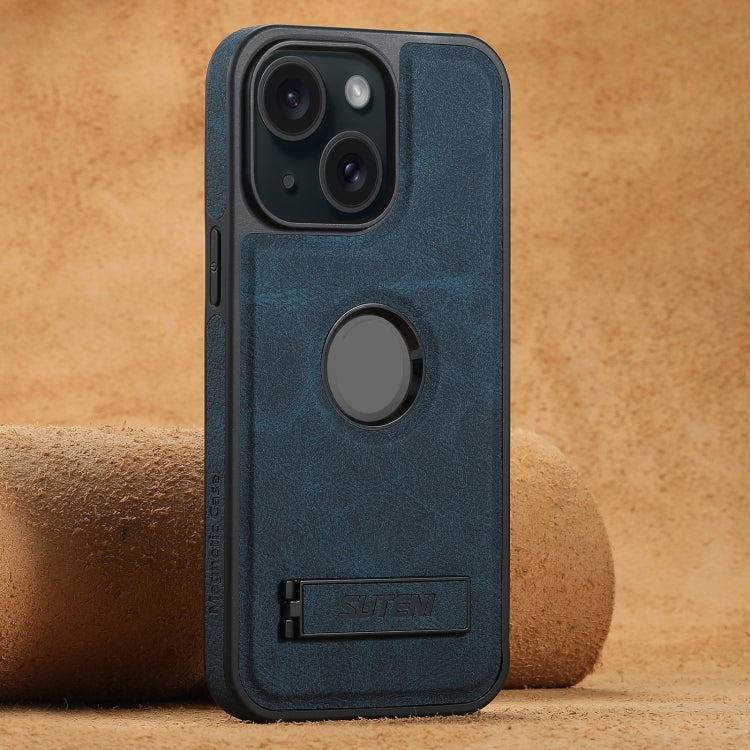 For iPhone 15 Suteni G2 Magsafe Litchi Texture Leather Back Phone Case with Holder(Blue)