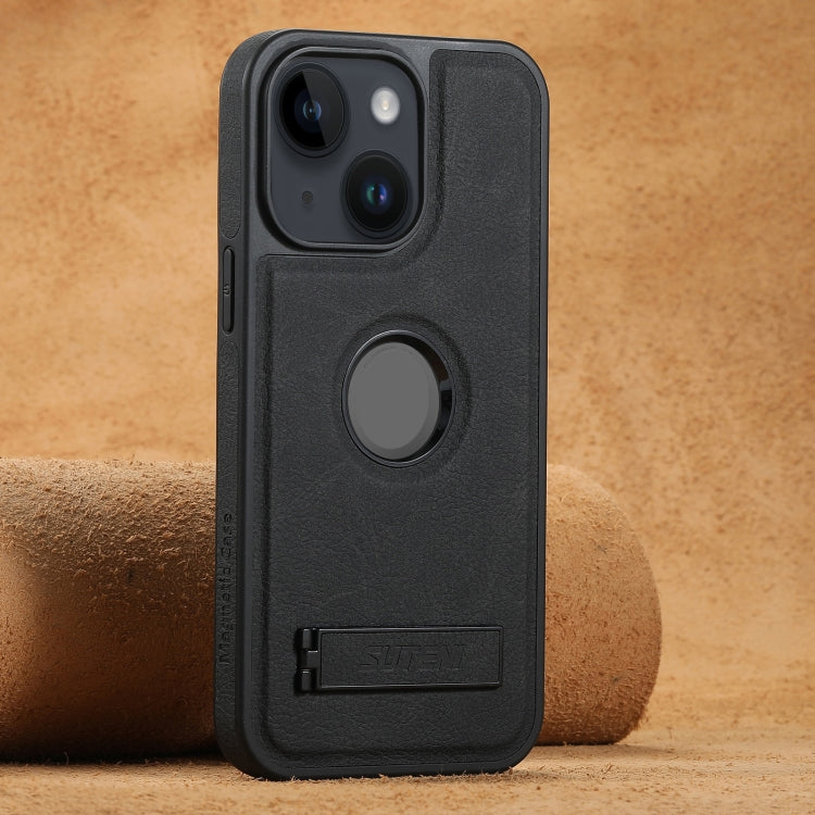 For iPhone 14 Plus Suteni G2 Magsafe Litchi Texture Leather Back Phone Case with Holder(Black)