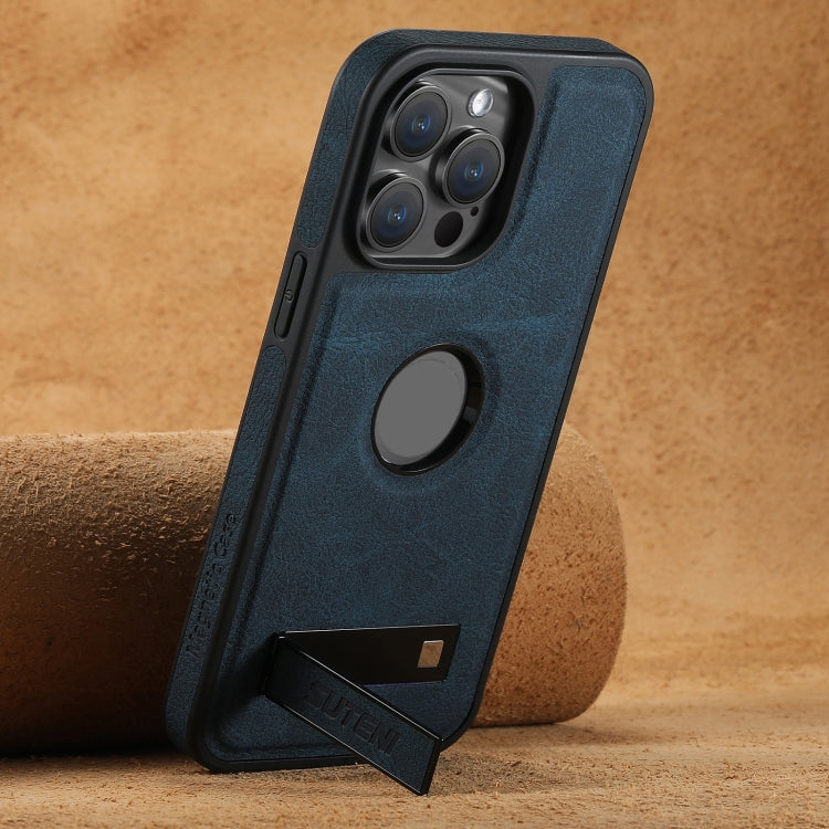 For iPhone 14 Suteni G2 Magsafe Litchi Texture Leather Back Phone Case with Holder(Blue)