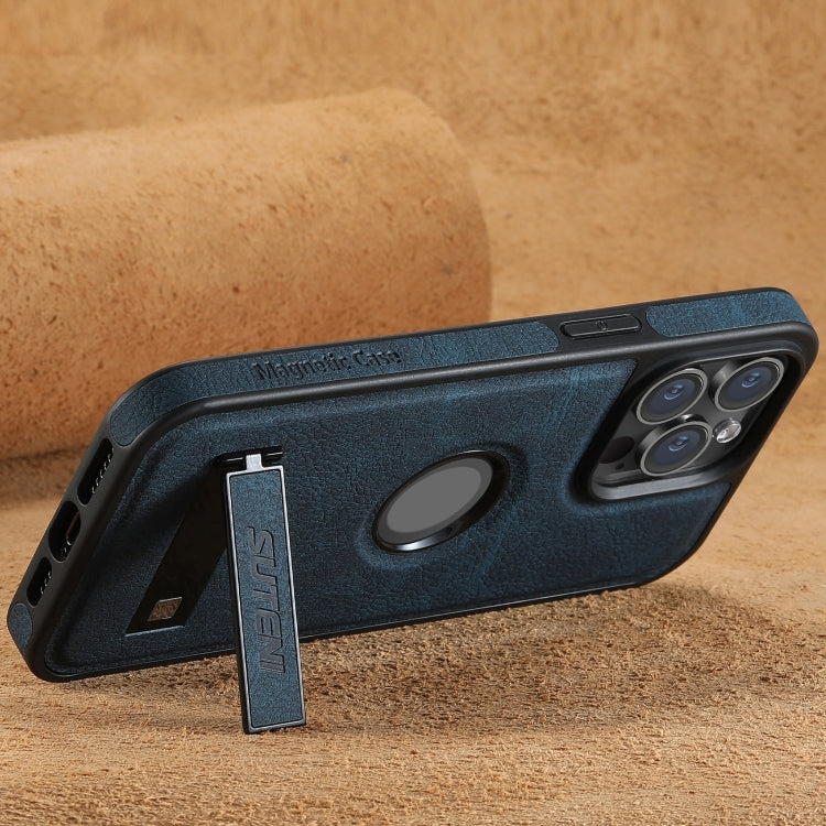 For iPhone 14 Suteni G2 Magsafe Litchi Texture Leather Back Phone Case with Holder(Blue)