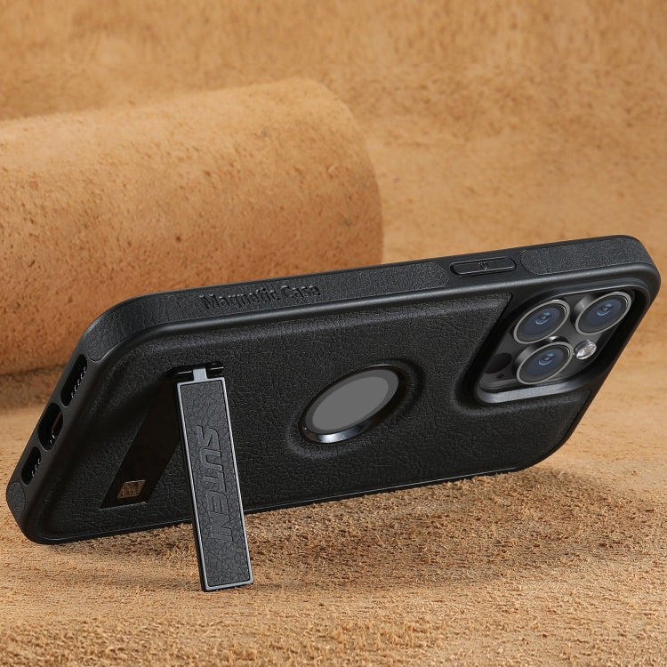 For iPhone 14 Pro Suteni G2 Magsafe Litchi Texture Leather Back Phone Case with Holder(Black)