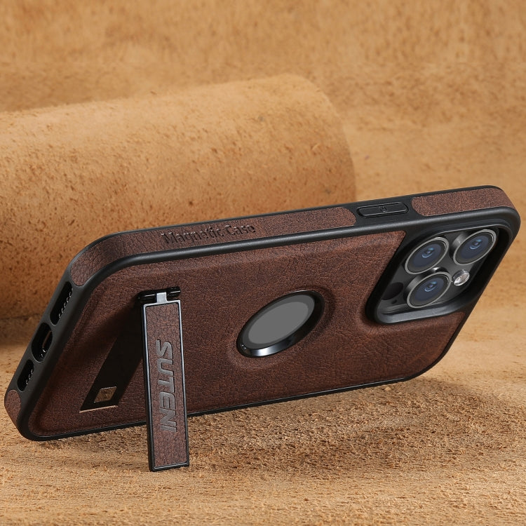 For iPhone 14 Pro Suteni G2 Magsafe Litchi Texture Leather Back Phone Case with Holder(Brown)