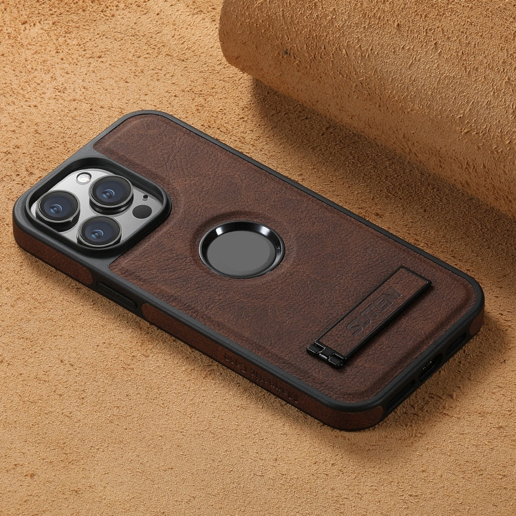 For iPhone 14 Pro Suteni G2 Magsafe Litchi Texture Leather Back Phone Case with Holder(Brown)