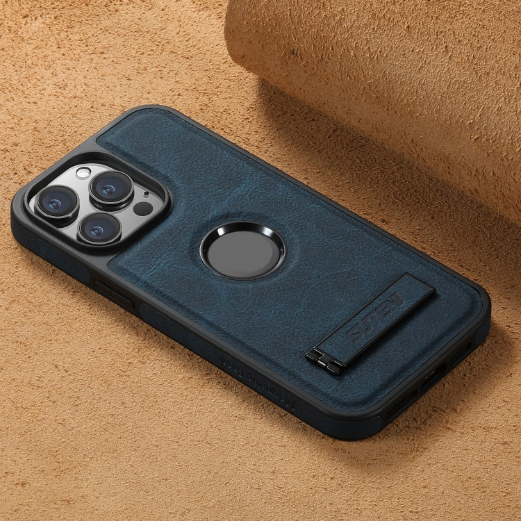 For iPhone 14 Pro Suteni G2 Magsafe Litchi Texture Leather Back Phone Case with Holder(Blue)