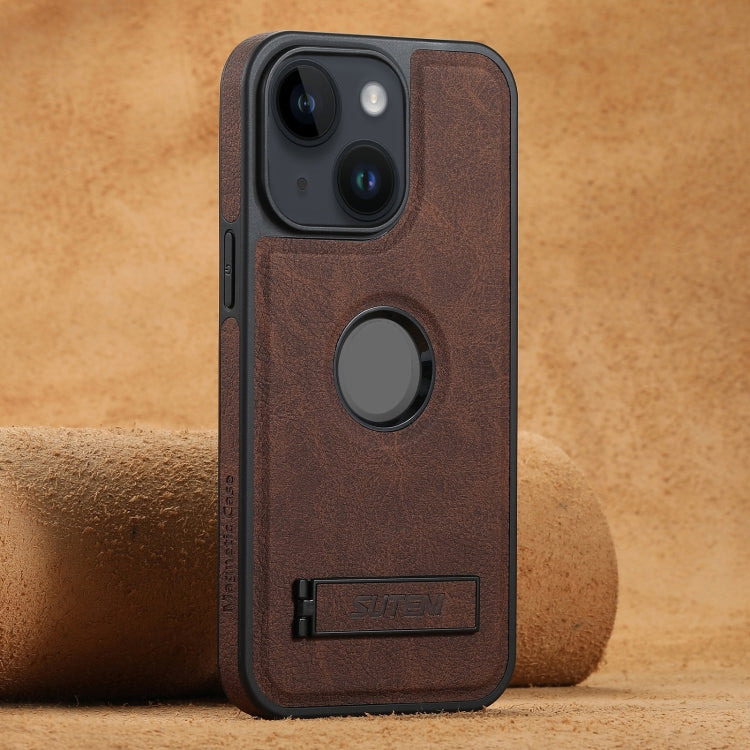 For iPhone 13 Suteni G2 Magsafe Litchi Texture Leather Back Phone Case with Holder(Brown)