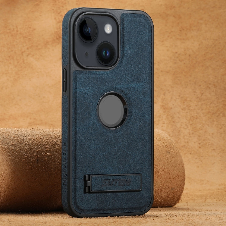 For iPhone 13 Suteni G2 Magsafe Litchi Texture Leather Back Phone Case with Holder(Blue)