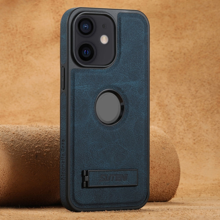 For iPhone 12 Suteni G2 Magsafe Litchi Texture Leather Back Phone Case with Holder(Blue)
