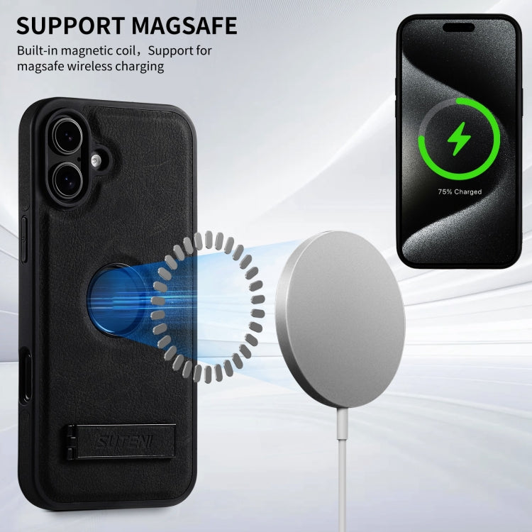 For iPhone 16 Suteni G2 Magsafe Litchi Texture Leather Back Phone Case with Holder(Black)