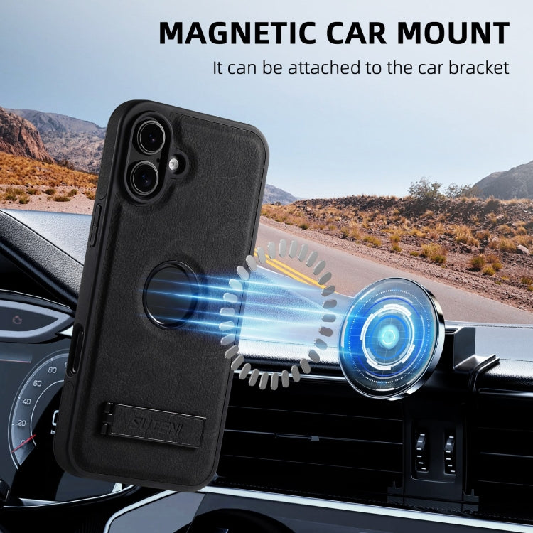For iPhone 16 Suteni G2 Magsafe Litchi Texture Leather Back Phone Case with Holder(Black)